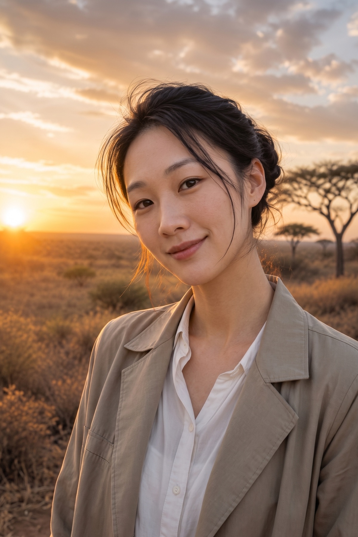 Chelsea Cai, luxury travel advisor and storyteller, on safari at golden hour